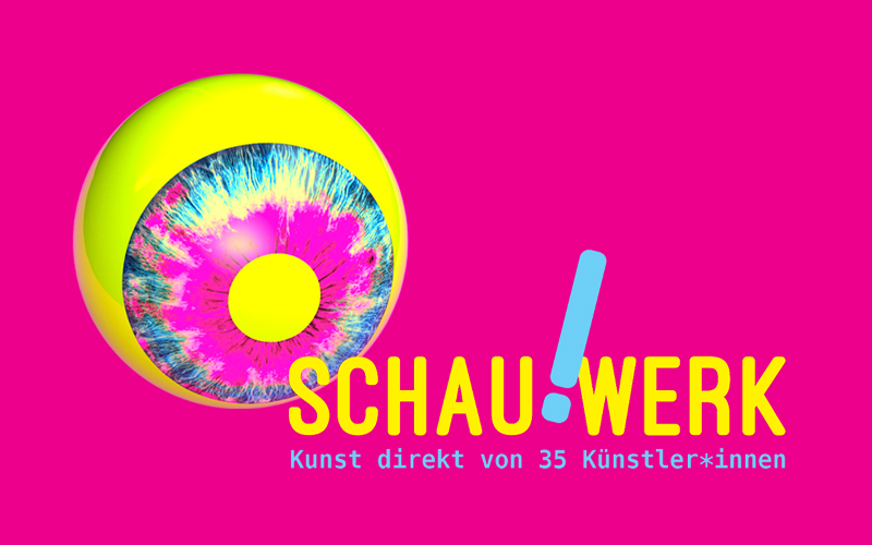 Bild_ Pink, gelbe Schrift mit Blaum Ausrufezeichen zwischen Schau und Werk und einem gelben abstrakten Augapfel.